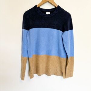 J Crew Navy Baby Blue and Tan Colorblock Wool Blend Pullover Sweater size medium